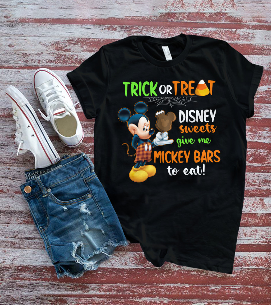 Trick Or Treat Disney Sweets Give Me Mickey Bars To Eat Candy Corn And Spiderweb With Mickey Mouse Eating Chocolate Ice Cream T-Shirt