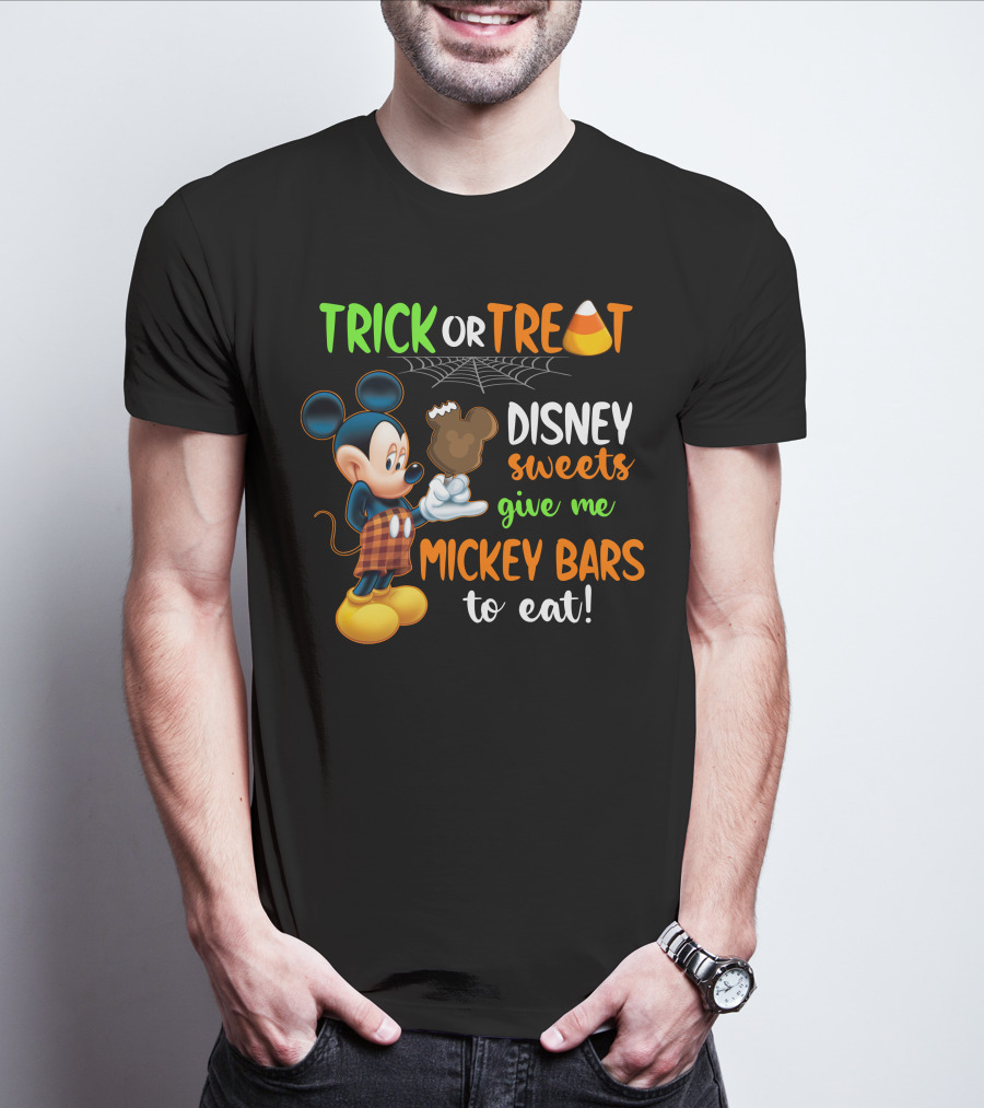 Trick Or Treat Disney Sweets Give Me Mickey Bars To Eat Candy Corn And Spiderweb With Mickey Mouse Eating Chocolate Ice Cream T-Shirt