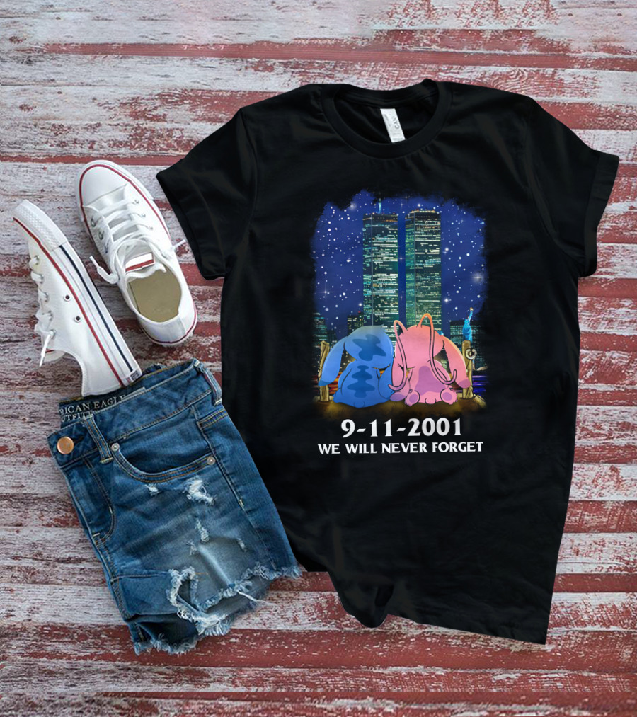 Stitch & Angel-D 9-11-2001 We Will Never Forget Memorial Twins T-Shirt