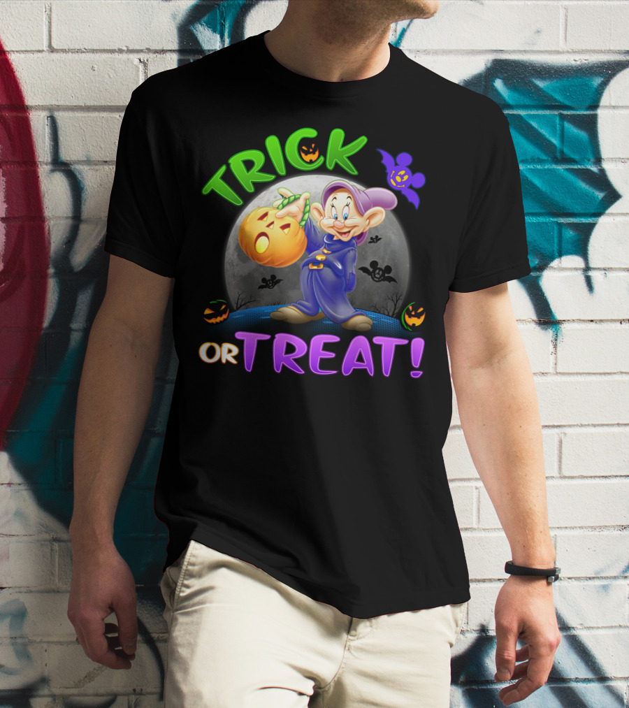 Trick Or Treat Dopey Halloween Disney Character With Pumpkin And Bat T-Shirt