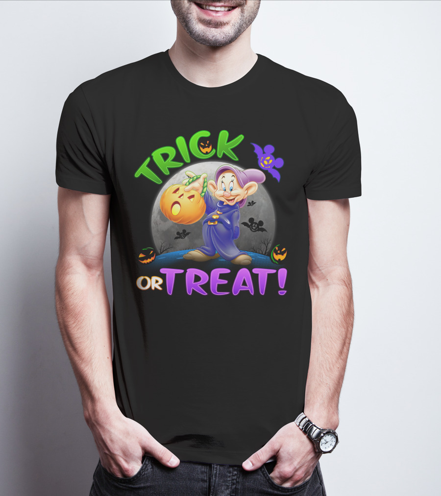 Trick Or Treat Dopey Halloween Disney Character With Pumpkin And Bat T-Shirt