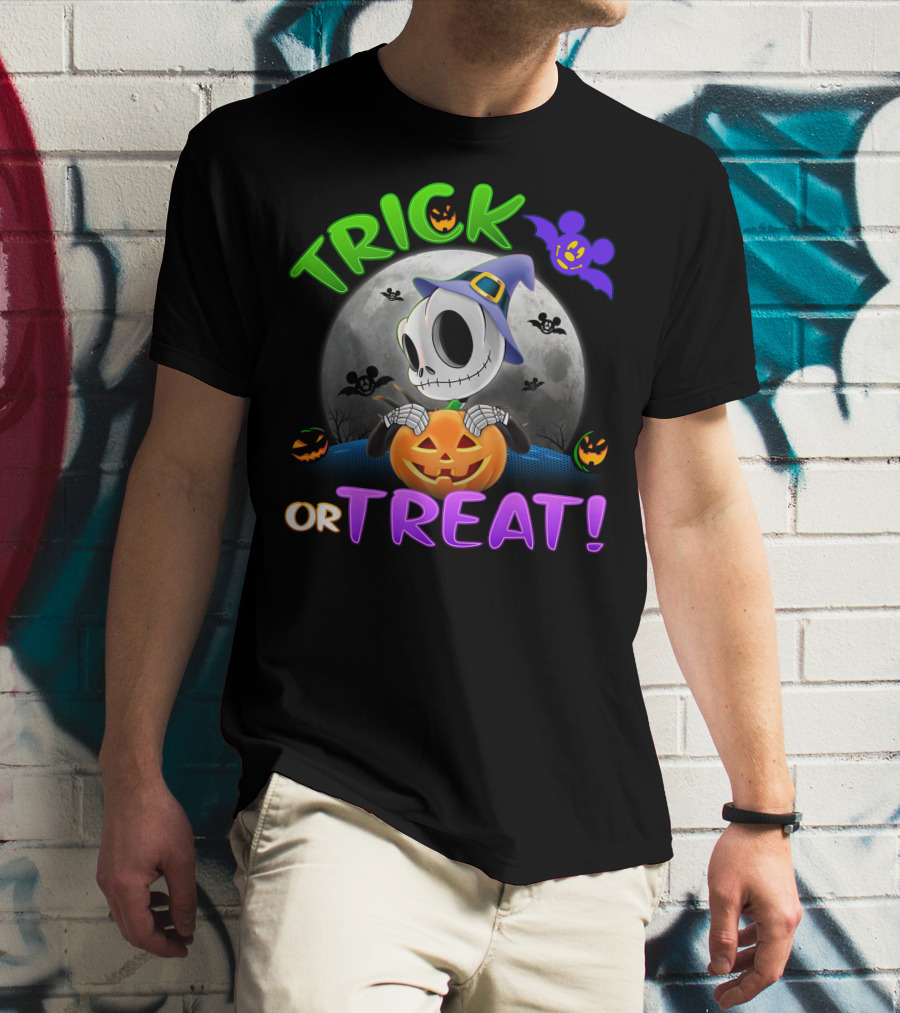 Trick Or Treat Jack Skellington In Halloween Moon With Pumpkins And Purple Bat T-Shirt