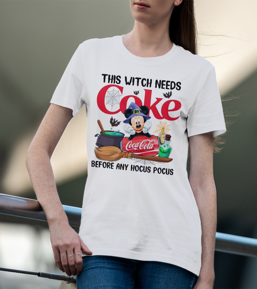 This Witch Needs Coke With Mickey Mouse Before Any Hocus Pocus Coca-Cola Magic Cauldron Broom Potion T-Shirt
