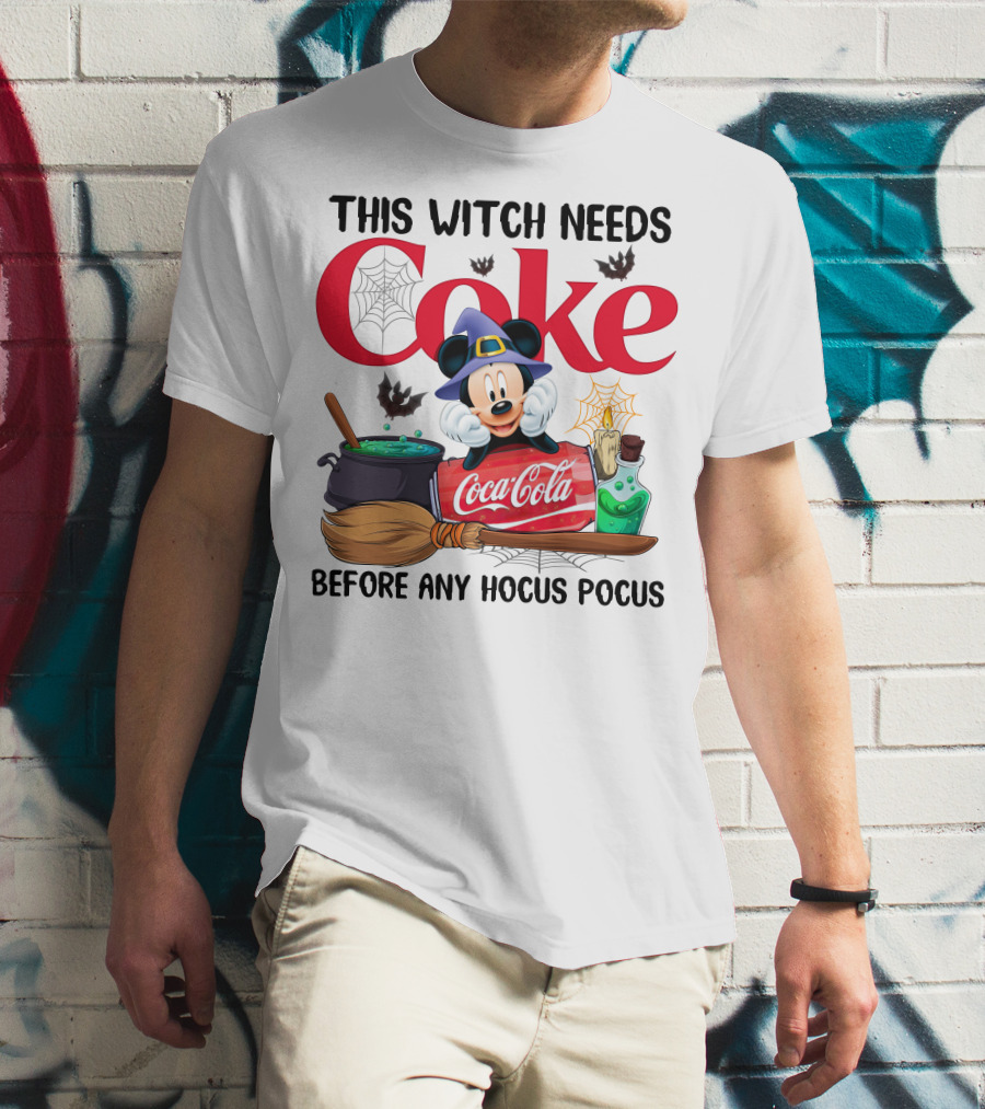 This Witch Needs Coke With Mickey Mouse Before Any Hocus Pocus Coca-Cola Magic Cauldron Broom Potion T-Shirt