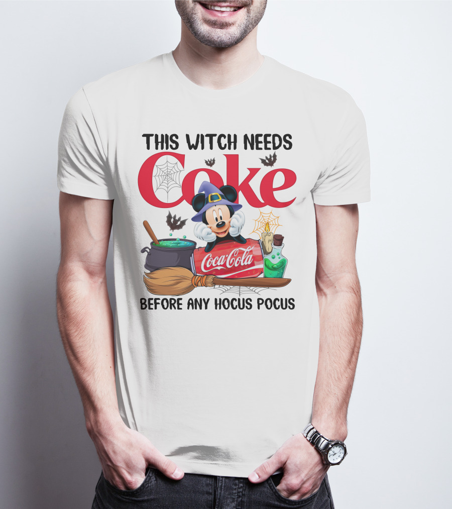 This Witch Needs Coke With Mickey Mouse Before Any Hocus Pocus Coca-Cola Magic Cauldron Broom Potion T-Shirt