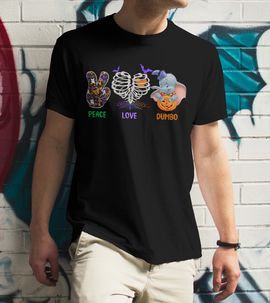 Peace Love Dumbo Halloween Pumpkin Skeleton T-Shirt