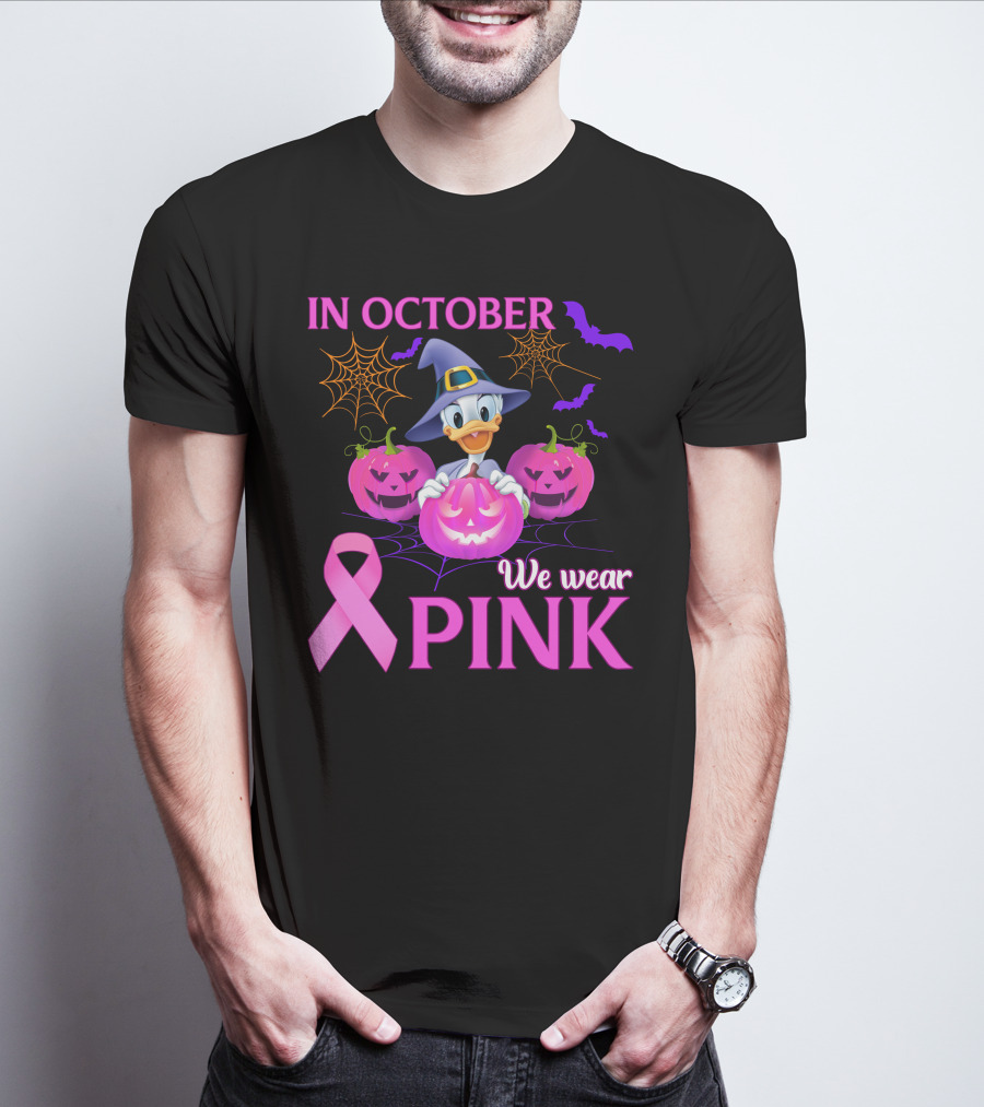 In October We Wear Pink Daisy D Breast Cancer Awareness Halloween Theme T-Shirt