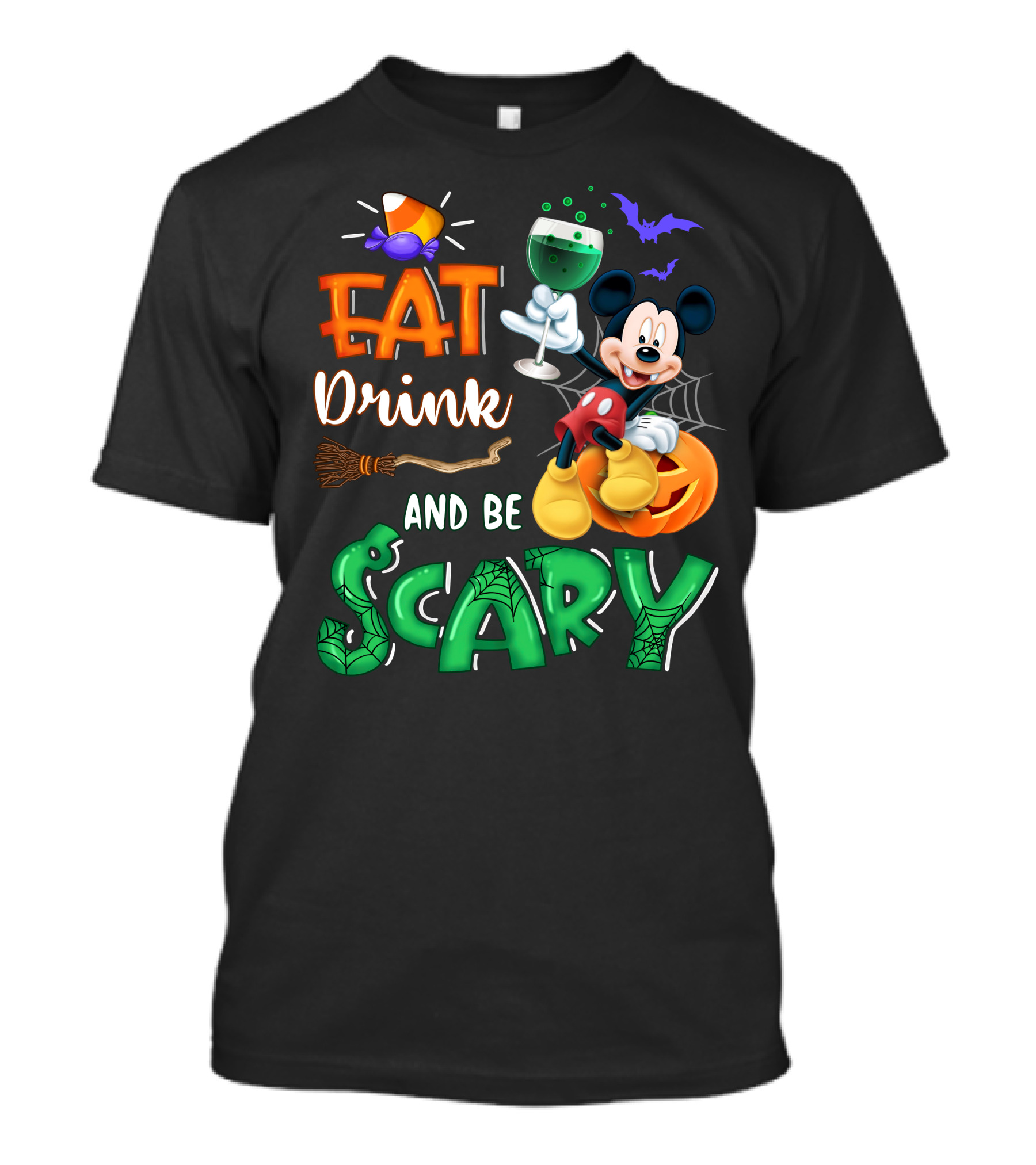 Eat Drink And Be Scary Mickey Halloween Wine Candy Bats Broom Pumpkin T-Shirt