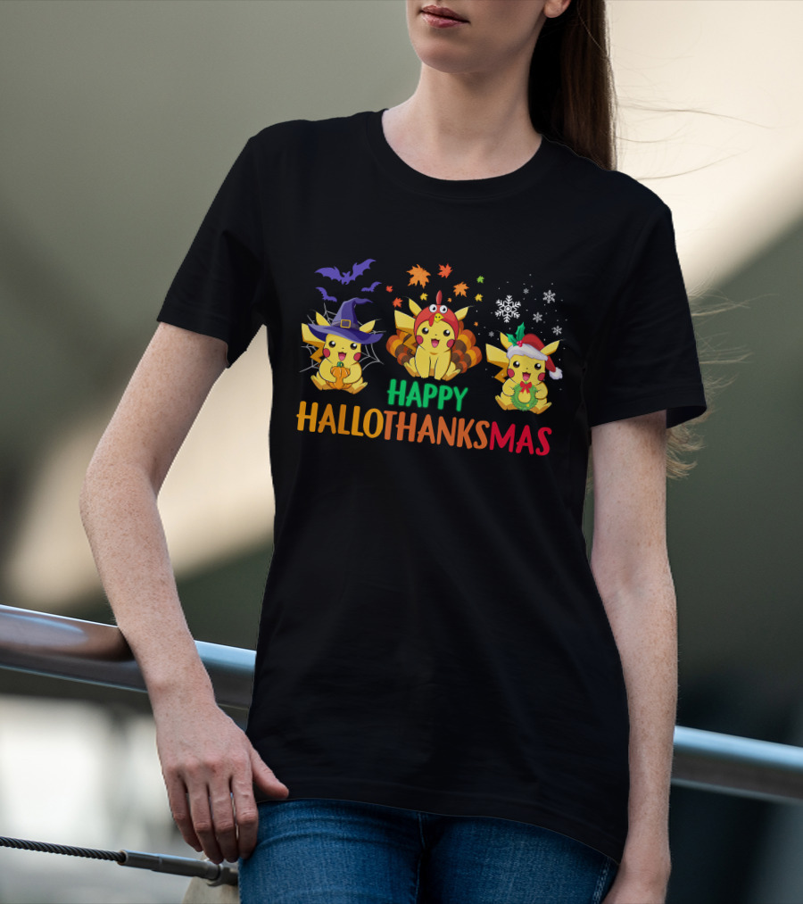 PIKACHU Happy HalloThanksMas Halloween Thanksgiving Christmas T-Shirt