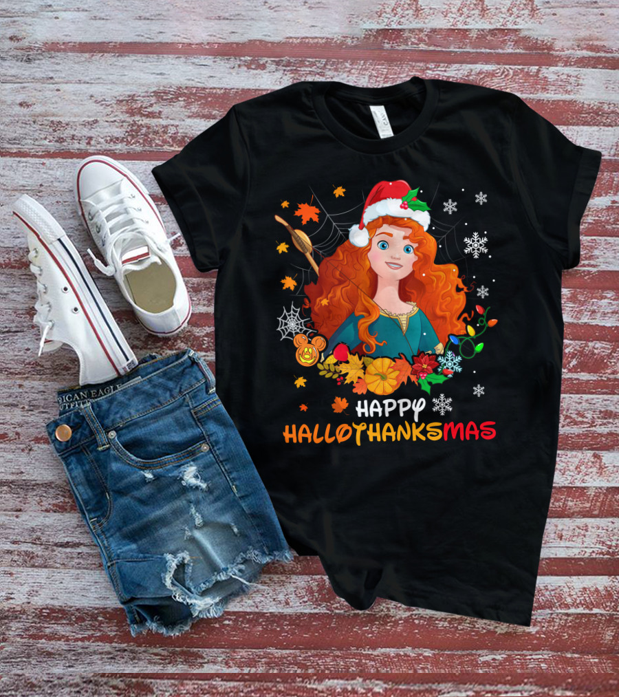 Merida Happy Hallothanksmas With Leaves And Snowflakes T-Shirt
