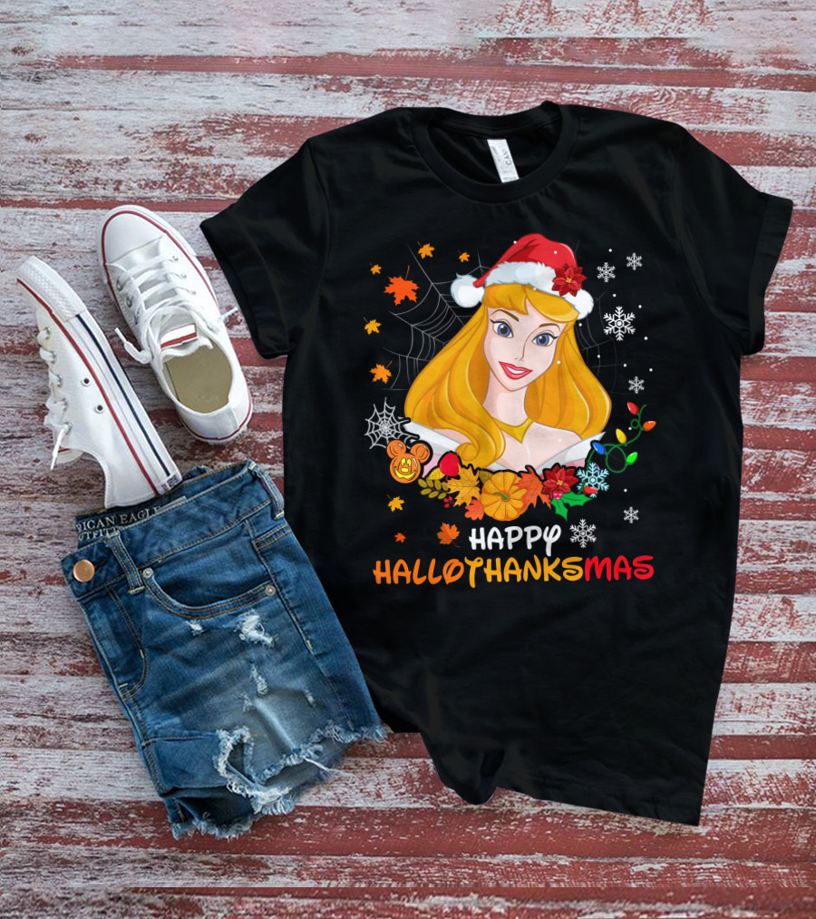 Happy Hallothanksmas Aurora Santa Hat Snowflakes Leaves T-Shirt