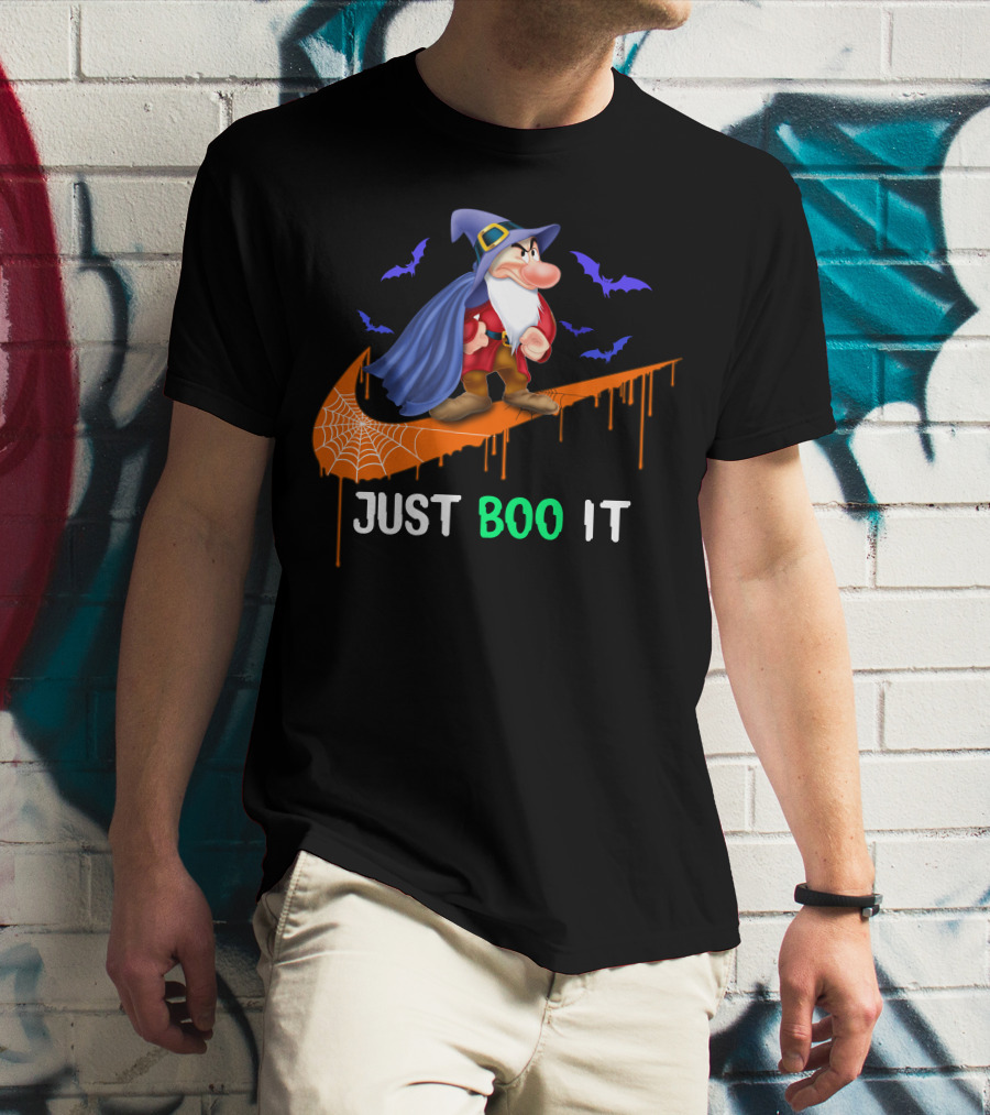 Just Boo It Witch Hat Grumpy With Purple Bats And Orange Swoosh T-Shirt