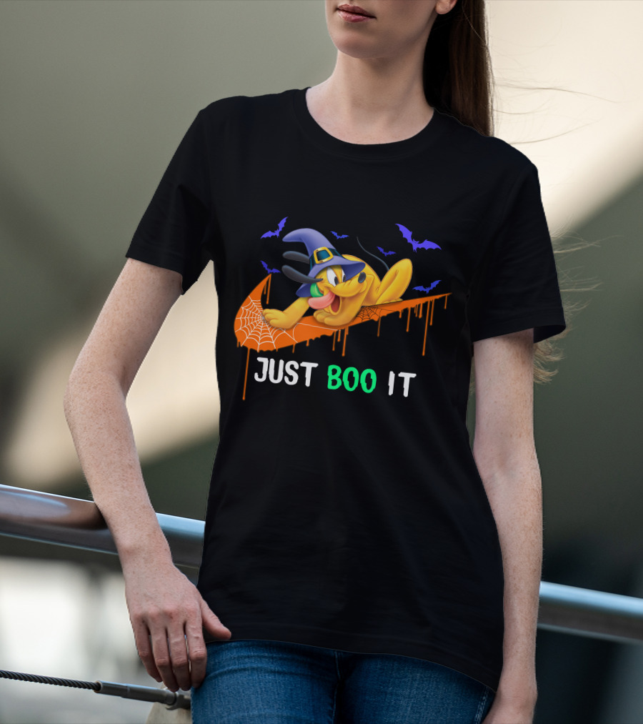 Just Boo It Halloween Pluto Witch Hat Bats Nike Swoosh T-Shirt