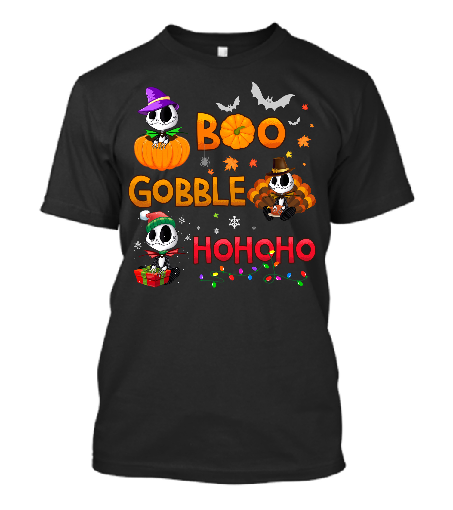 Boo Gobble Hohoho Jack Skellington Halloween Thanksgiving Christmas T-Shirt