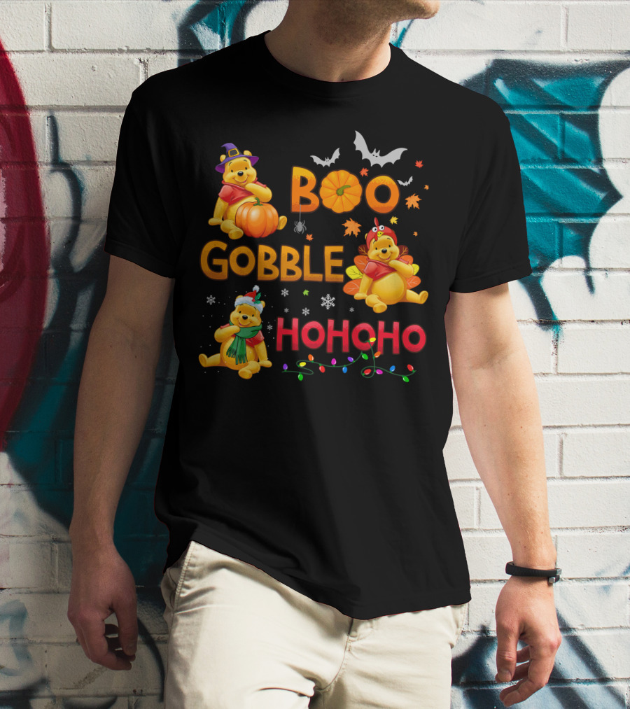 Boo Gobble Hohoho Pumpkin Bat Leaves Pooh T-Shirt