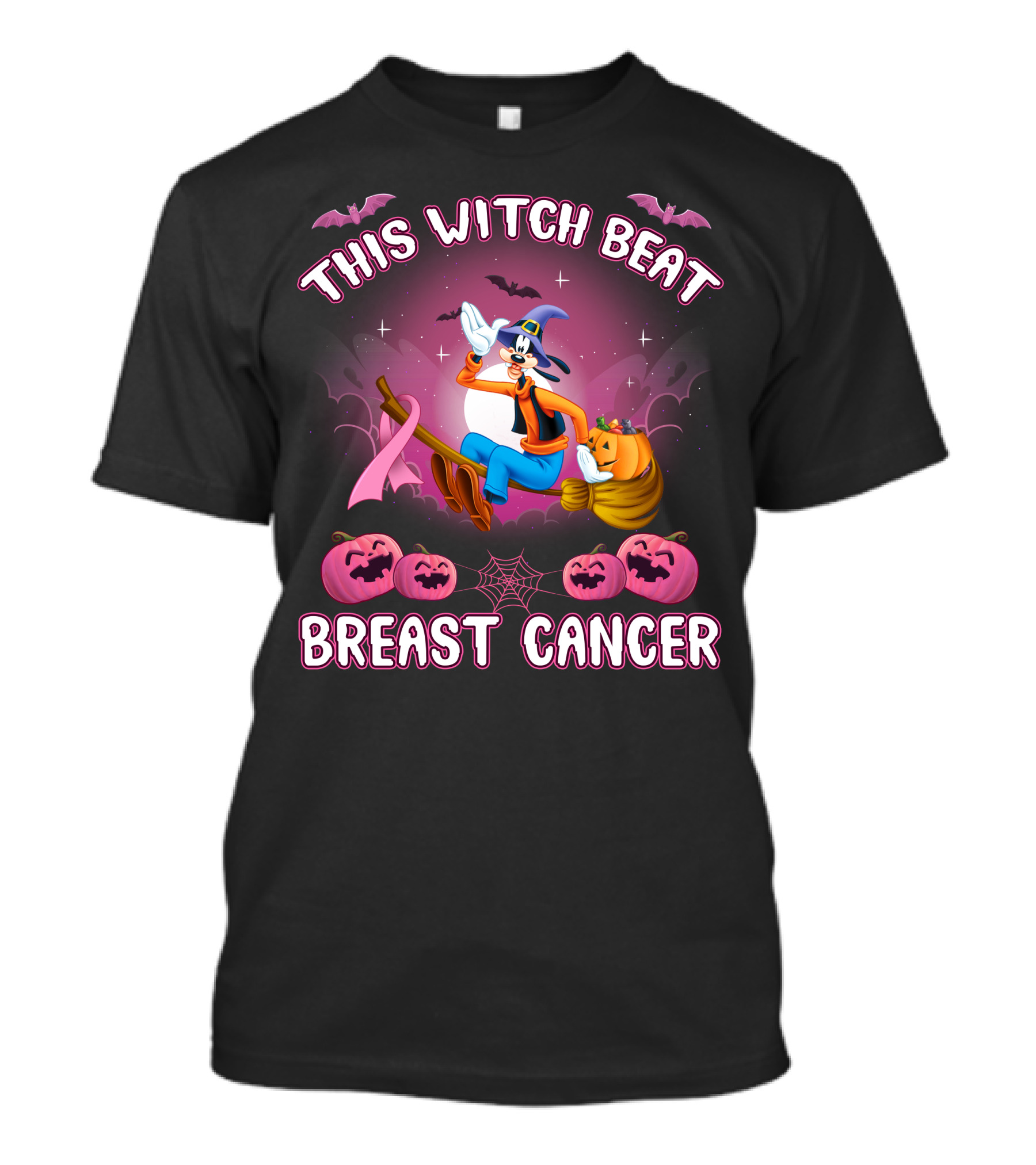 This Witch Beat Breast Cancer Goofy D Halloween Pumpkins Broom Ribbon T-Shirt