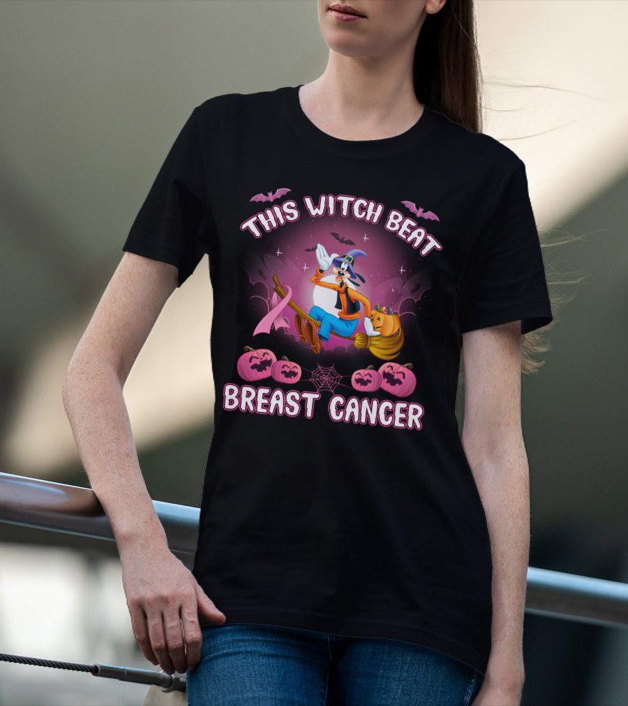 This Witch Beat Breast Cancer Goofy D Halloween Pumpkins Broom Ribbon T-Shirt