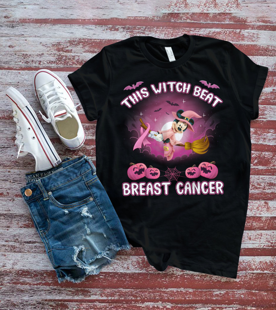 This Witch Beat Breast Cancer Minnie Witch Hat Pink Broom Halloween T-Shirt