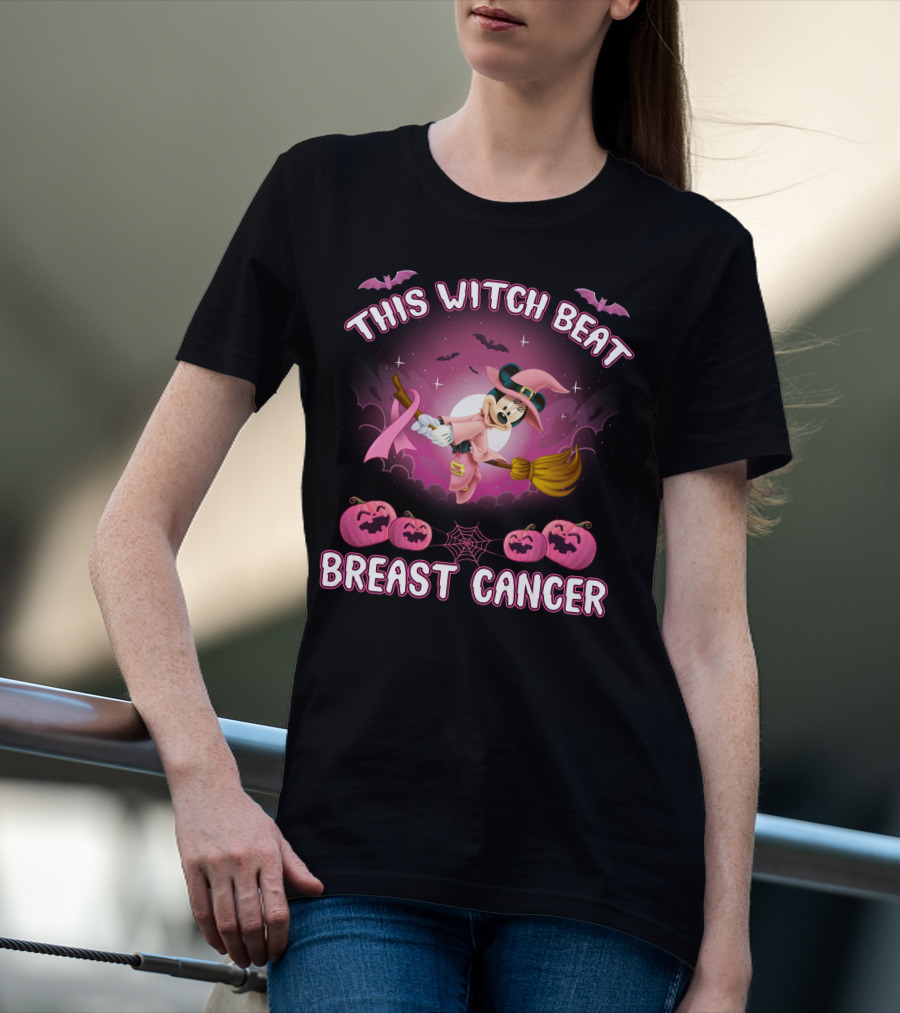 This Witch Beat Breast Cancer Minnie Witch Hat Pink Broom Halloween T-Shirt