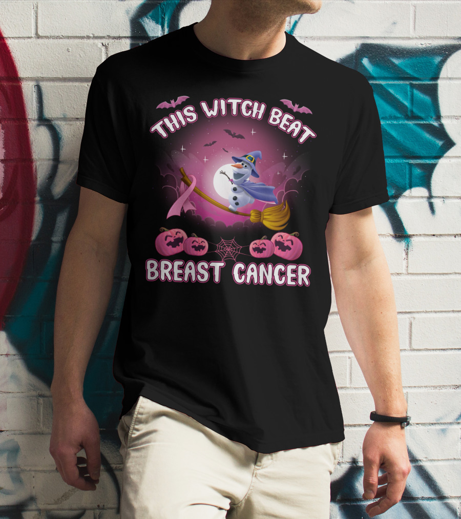 This Witch Beat Breast Cancer Olaf Broomstick Pink Ribbon Halloween Pumpkin Bat Moon T-Shirt