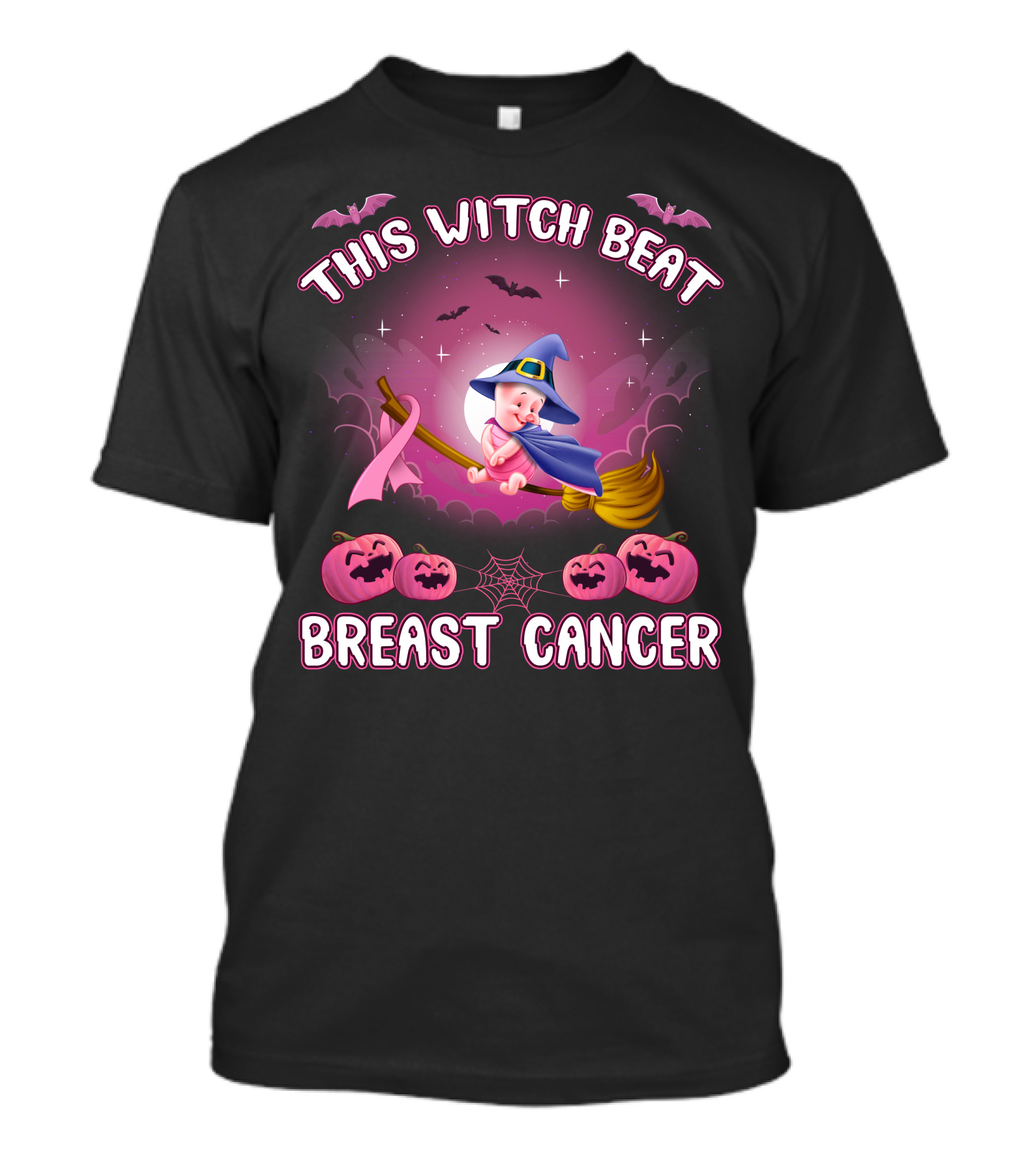 This Witch Beat Breast Cancer Piglet Halloween Pumpkins Broomstick Moon Bats T-Shirt