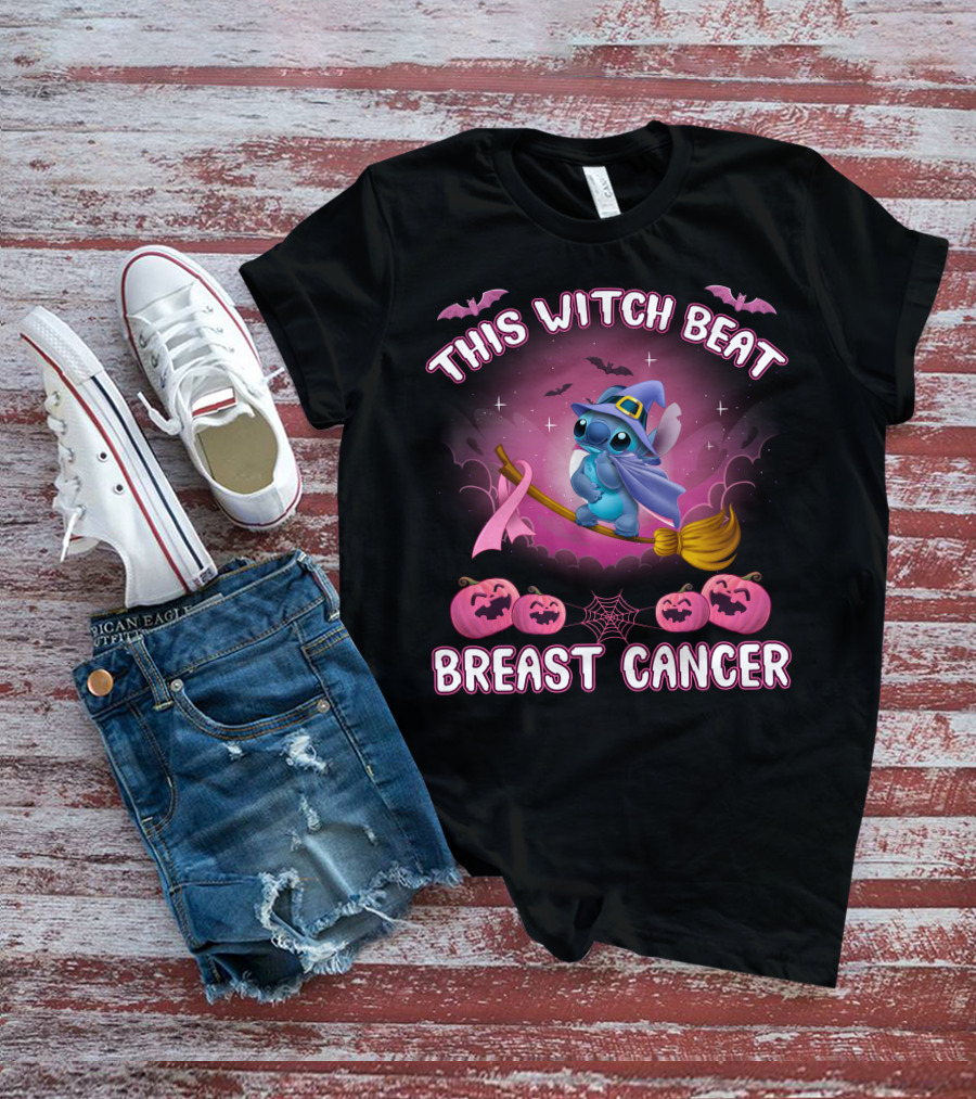 This Witch Beat Breast Cancer Stitch Riding Broom With Pumpkins And Bats T-Shirt
