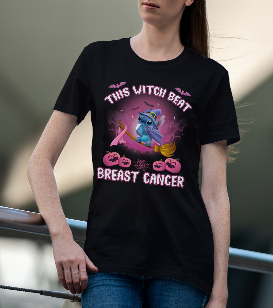 This Witch Beat Breast Cancer Stitch Riding Broom With Pumpkins And Bats T-Shirt