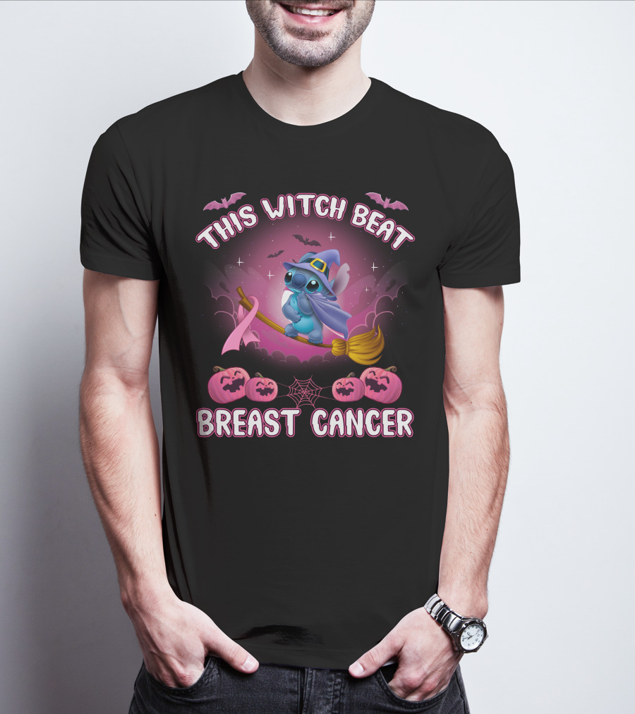 This Witch Beat Breast Cancer Stitch Riding Broom With Pumpkins And Bats T-Shirt