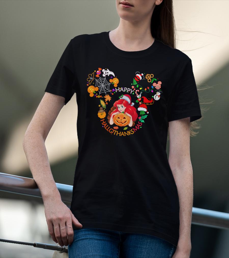 Happy Hallothanksmas Ariel Pumpkin Christmas Halloween Elements T-Shirt