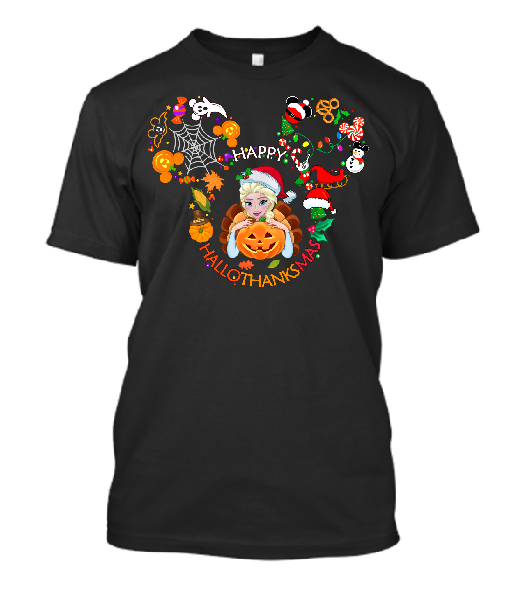 Happy Hallothanksmas Elsa Pumpkin Santa Hat Snowflakes Holiday Fusion T-Shirt