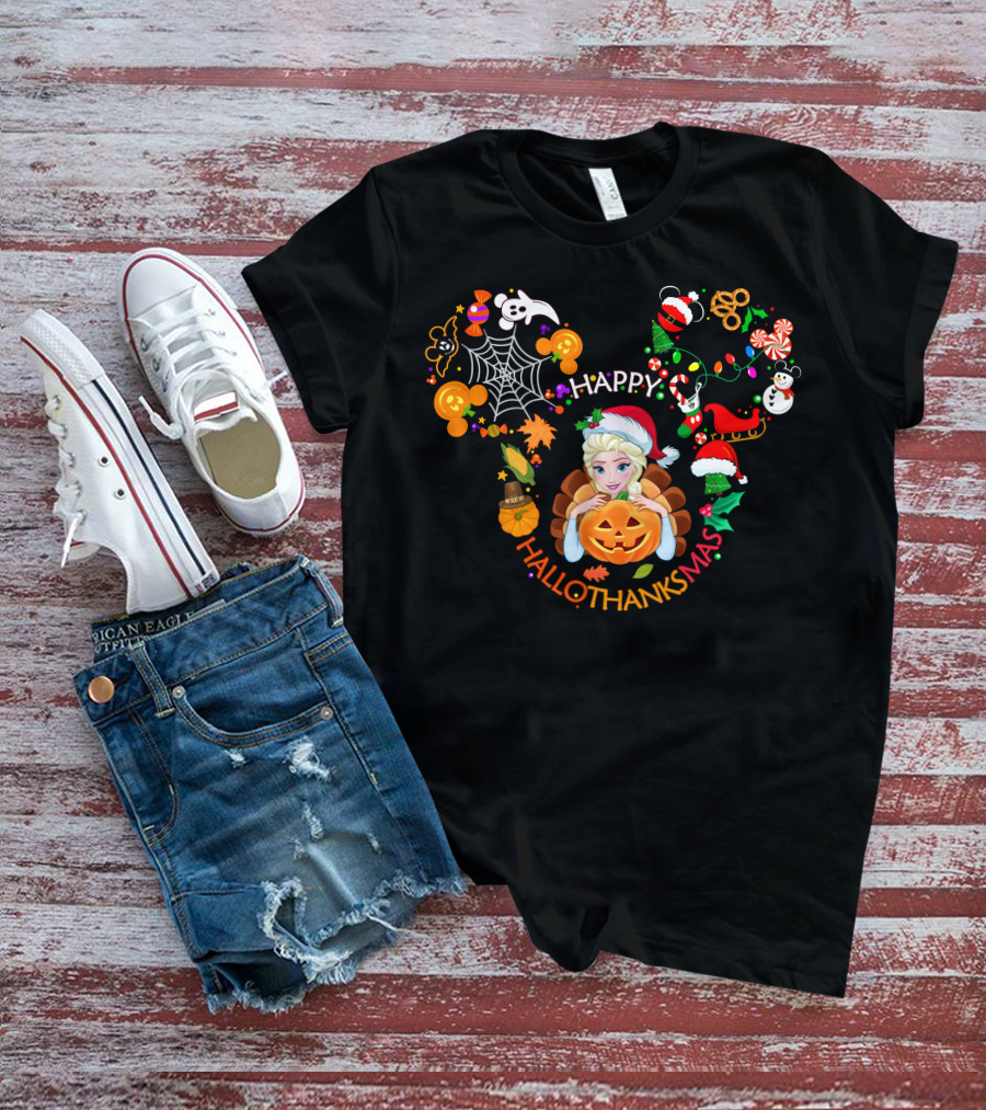 Happy Hallothanksmas Elsa Pumpkin Santa Hat Snowflakes Holiday Fusion T-Shirt