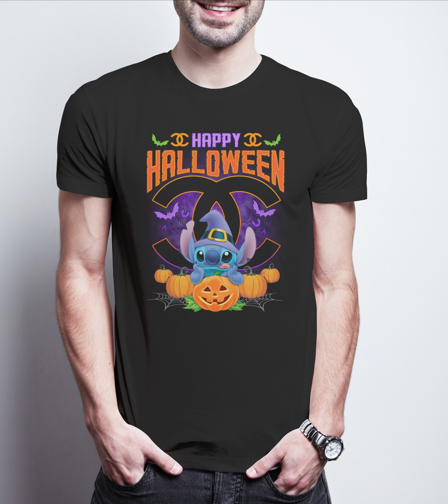 Stitch Happy Halloween Pumpkins And Bats T-Shirt
