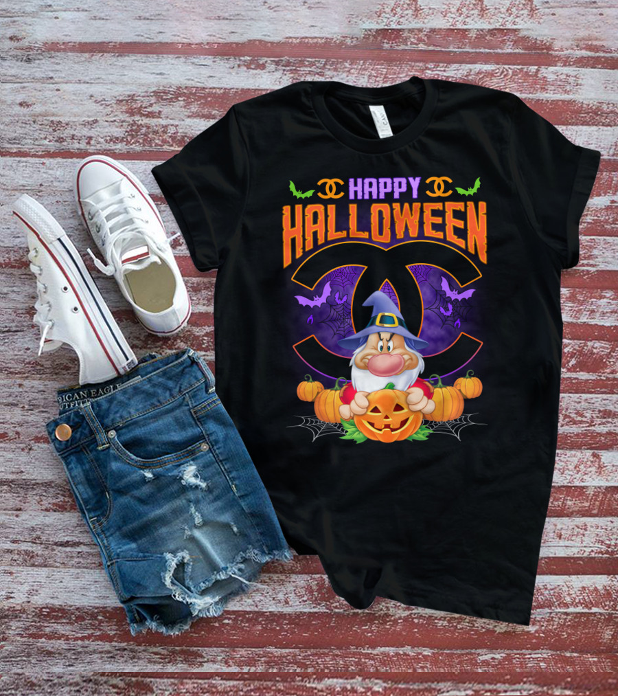 Happy Halloween Grumpy Dwarf With Pumpkins And Bat Accents On Chanel Logo Backdrop T-Shirt