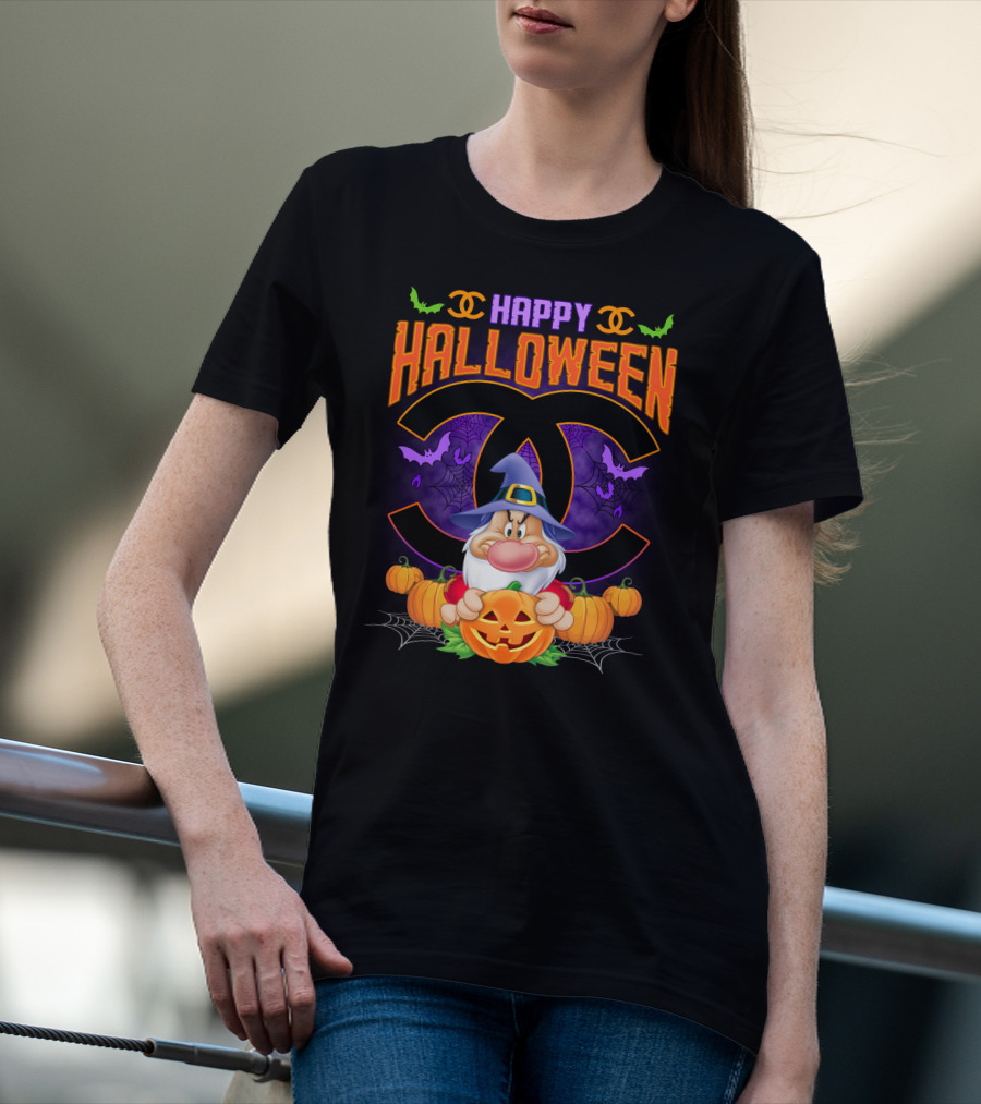 Happy Halloween Grumpy Dwarf With Pumpkins And Bat Accents On Chanel Logo Backdrop T-Shirt