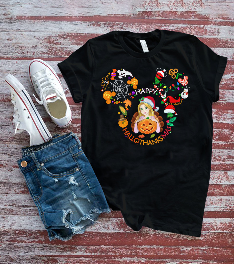 Happy Hallothanksmas Rapunzel Halloween Christmas Thanksgiving T-Shirt