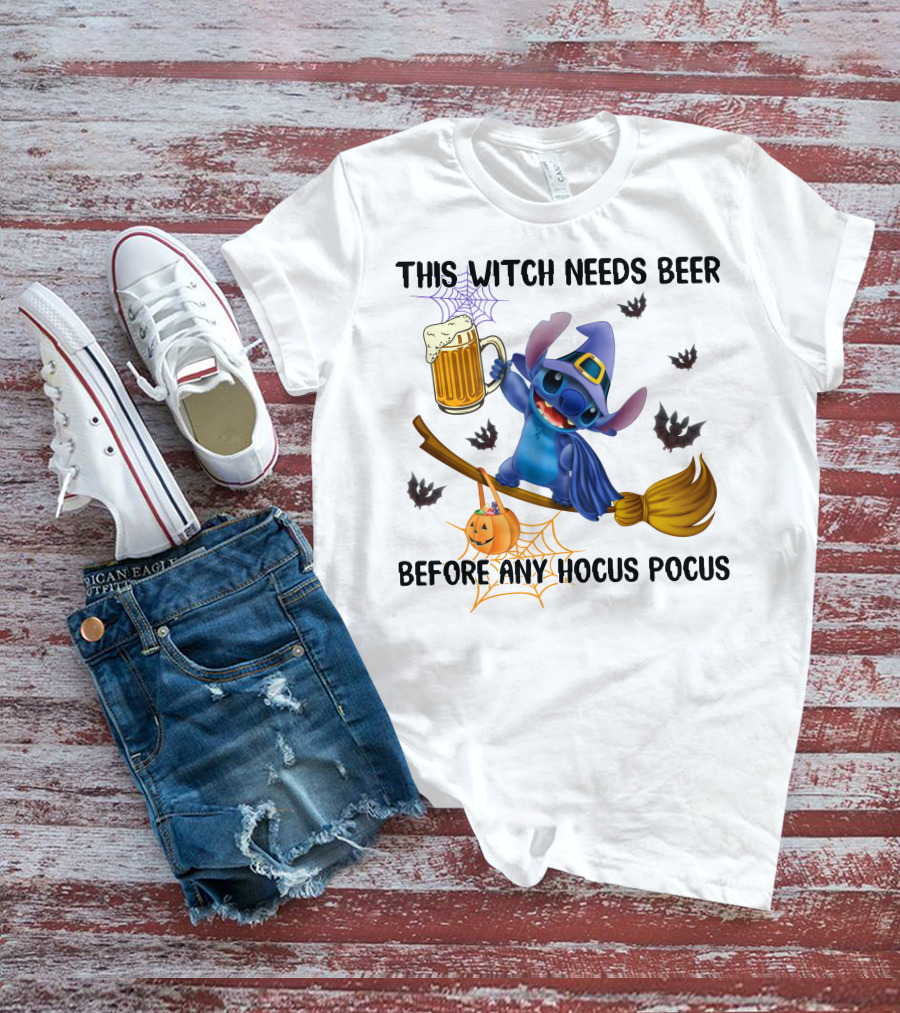 This Witch Needs Beer Before Any Hocus Pocus Stitch Broom Pumpkin Bats T-Shirt