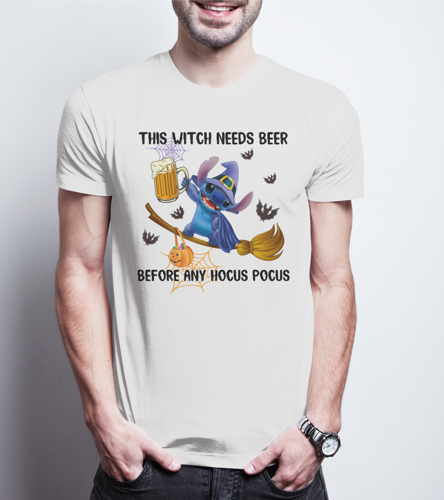 This Witch Needs Beer Before Any Hocus Pocus Stitch Broom Pumpkin Bats T-Shirt