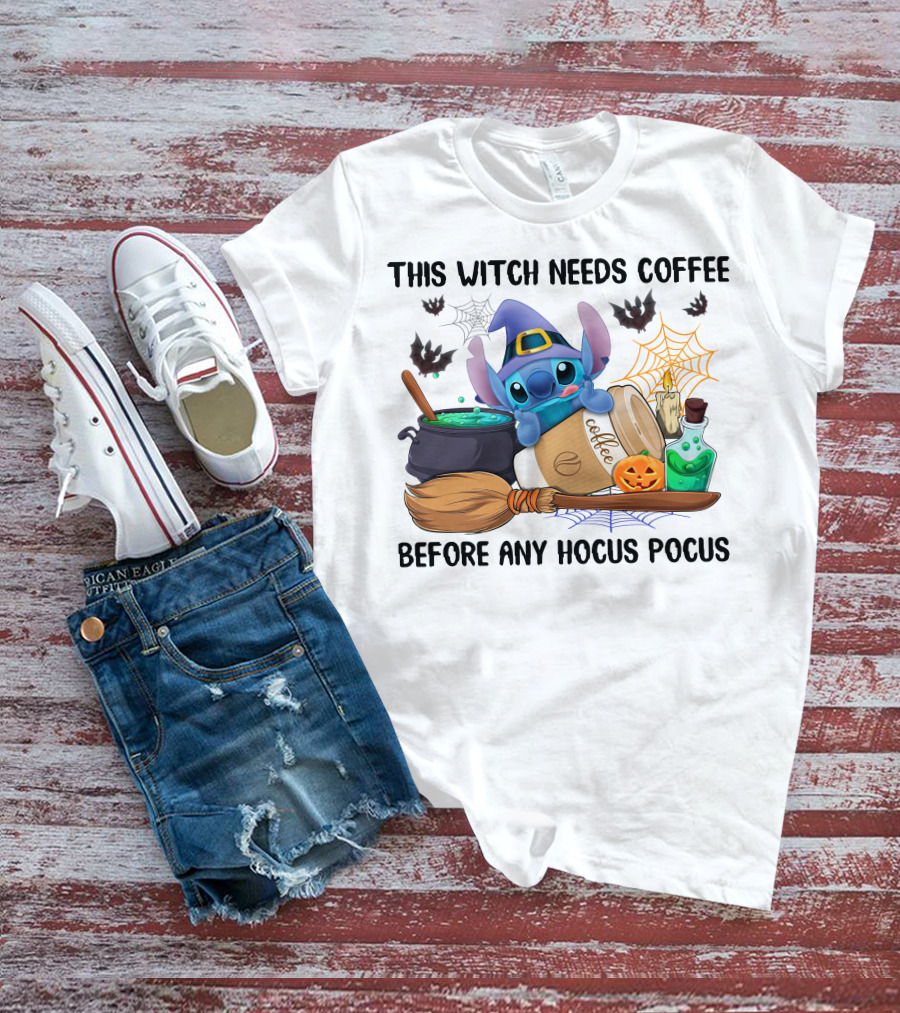 This Witch Needs Coffee Before Any Hocus Pocus Stitch Halloween T-Shirt