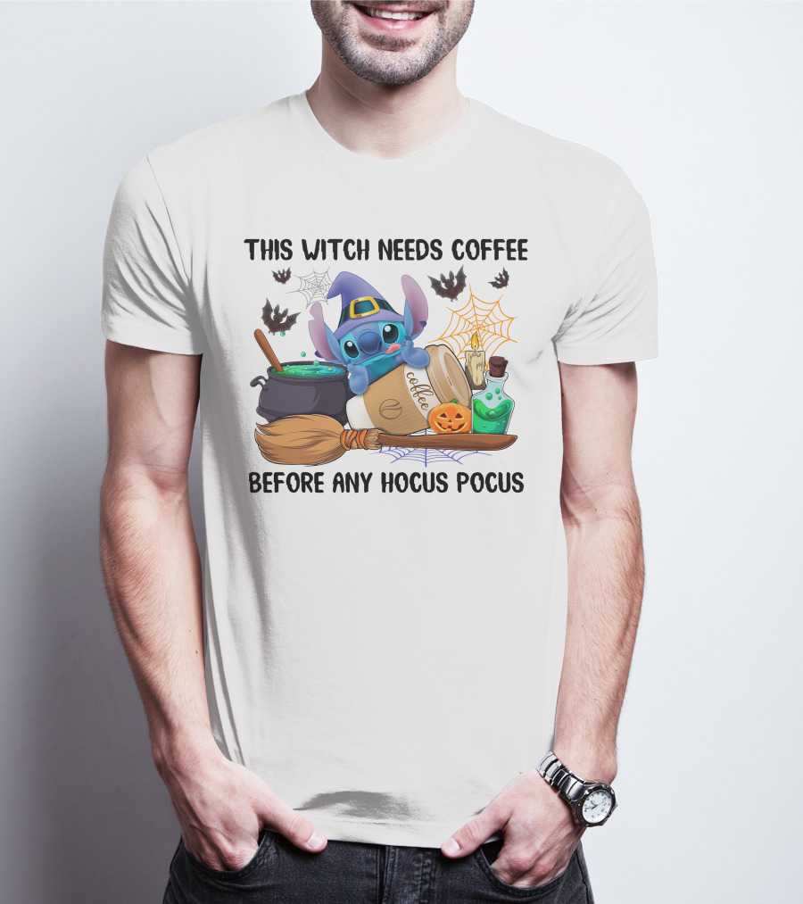 This Witch Needs Coffee Before Any Hocus Pocus Stitch Halloween T-Shirt
