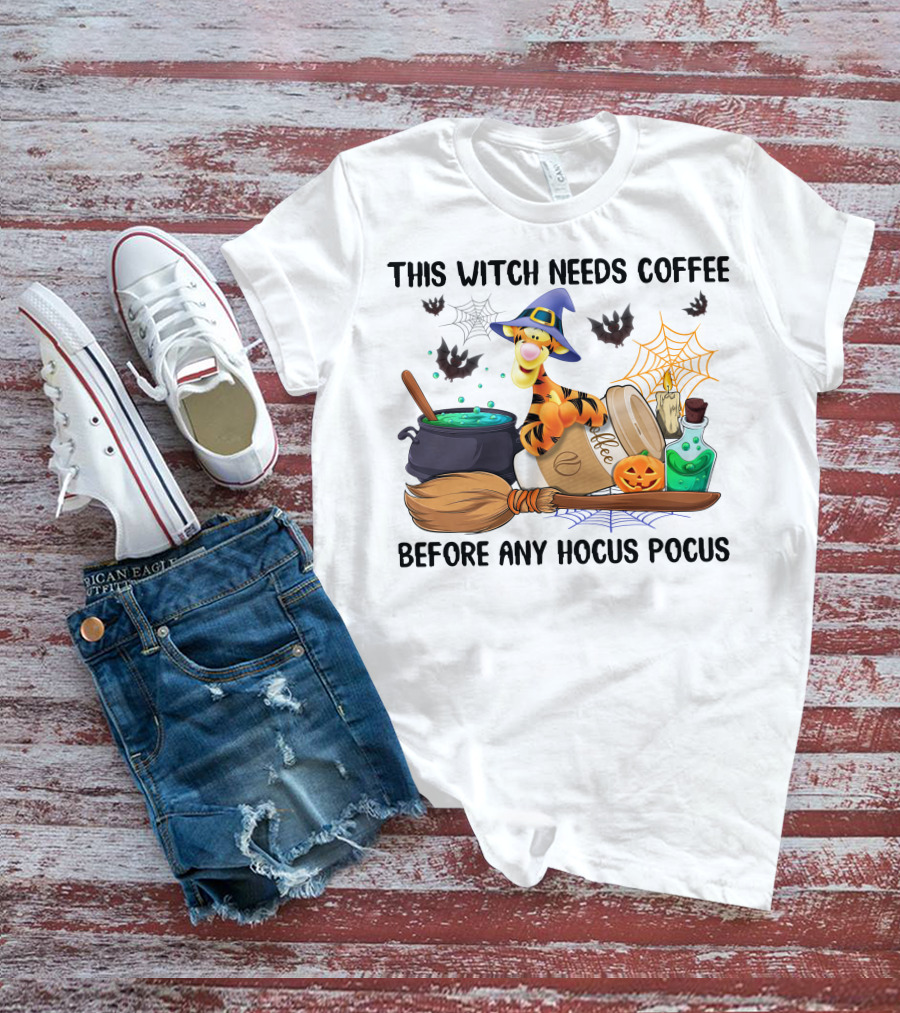 This Witch Needs Coffee Before Any Hocus Pocus Tigger With Broomstick And Pumpkin Batwing Cauldron And Candle T-Shirt