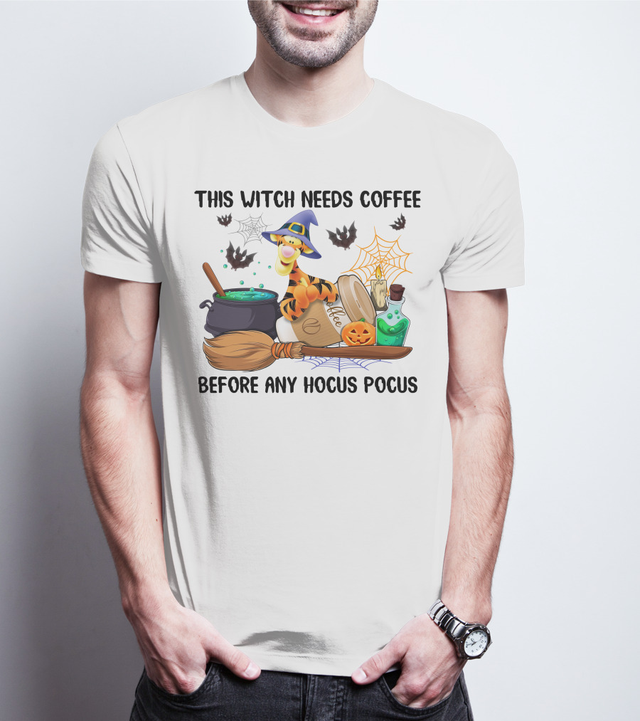 This Witch Needs Coffee Before Any Hocus Pocus Tigger With Broomstick And Pumpkin Batwing Cauldron And Candle T-Shirt