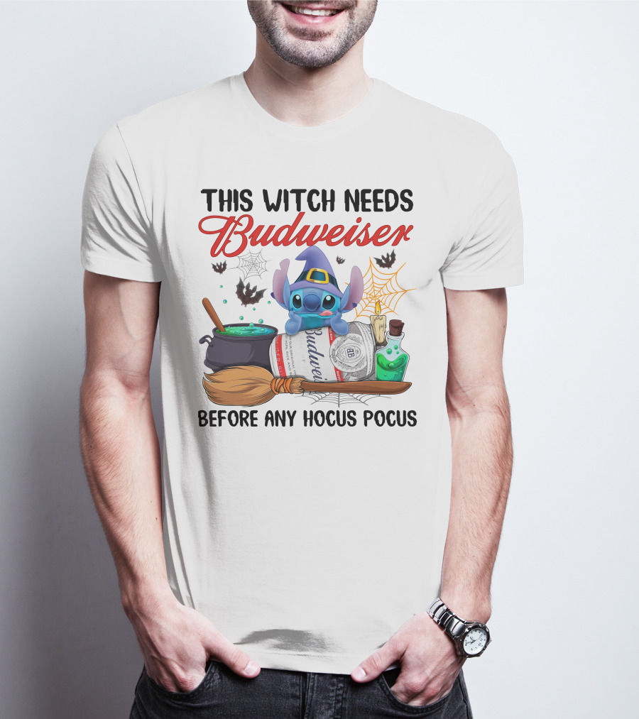 This Witch Needs Budweiser Before Any Hocus Pocus Stitch T-Shirt