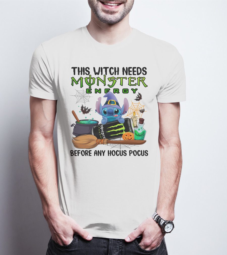 This Witch Needs Monster Energy Before Any Hocus Pocus Stitch Halloween T-Shirt
