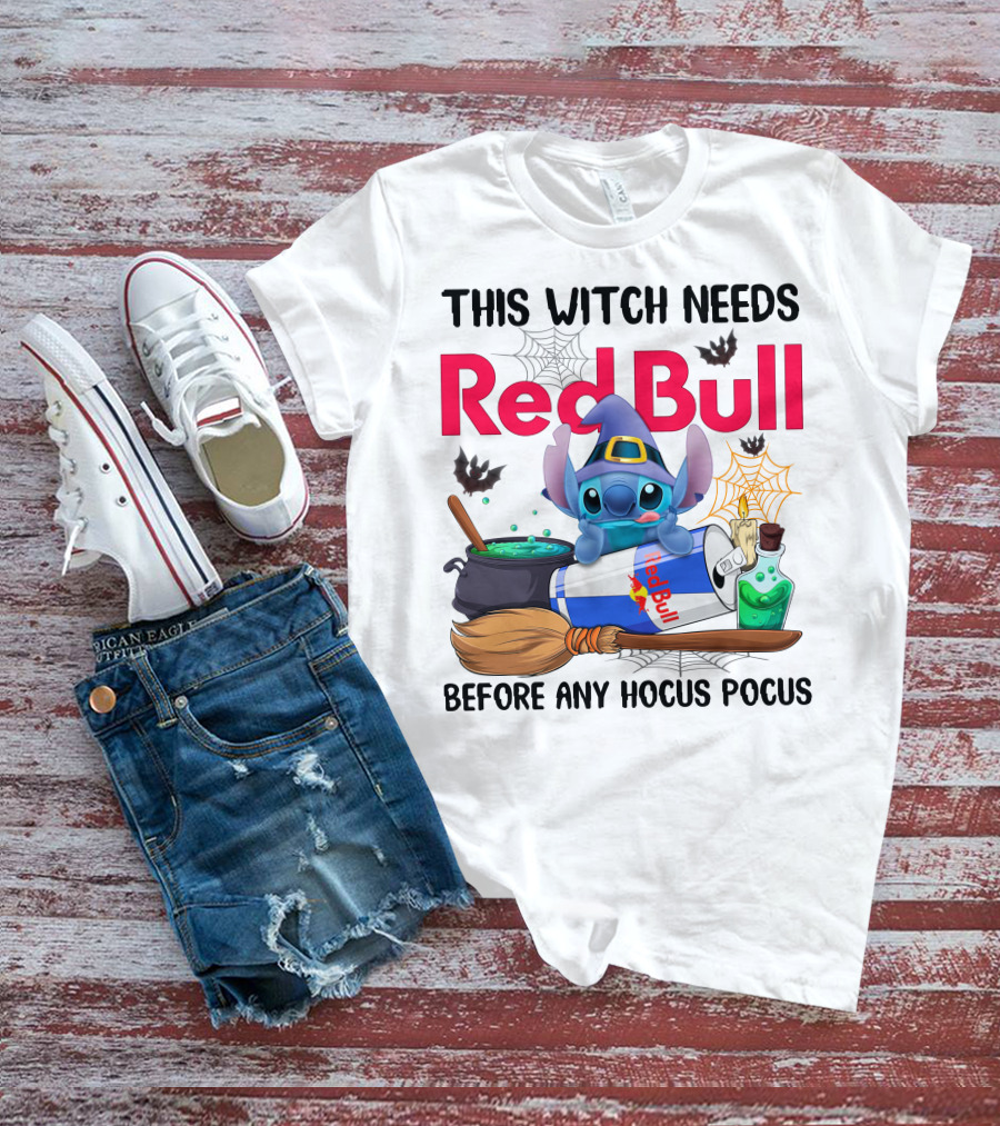 This Witch Needs Red Bull Before Any Hocus Pocus Stitch Wearing Witch Hat With Red Bull Can Cauldron And Spell Book T-Shirt