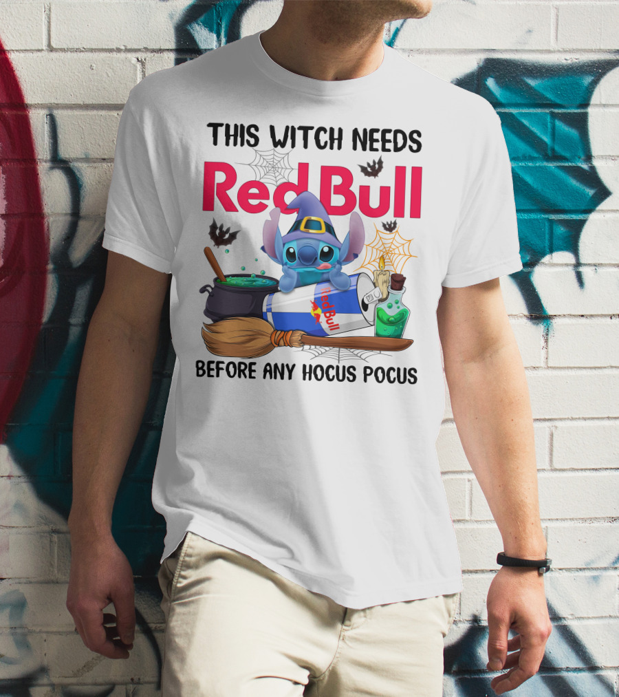 This Witch Needs Red Bull Before Any Hocus Pocus Stitch Wearing Witch Hat With Red Bull Can Cauldron And Spell Book T-Shirt