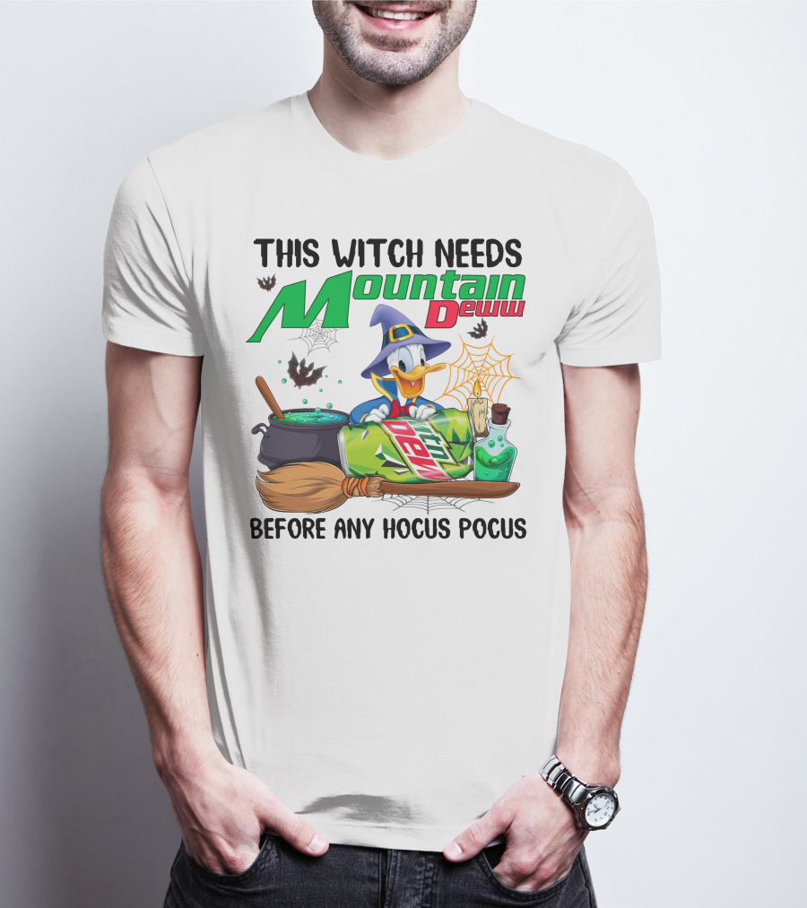 This Witch Needs Mountain Dew Before Any Hocus Pocus Donald Duck Witch Hat Cauldron Broom Potion T-Shirt