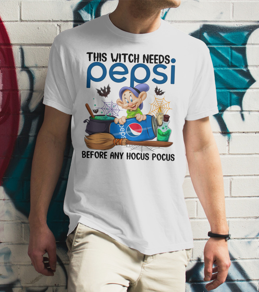 This Witch Needs Pepsi Before Any Hocus Pocus Dopey Cauldron Bats T-Shirt