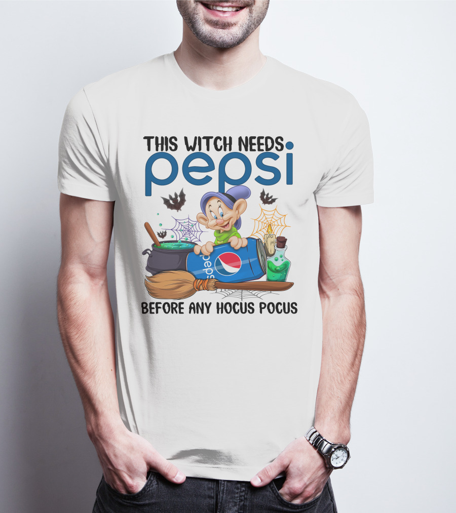 This Witch Needs Pepsi Before Any Hocus Pocus Dopey Cauldron Bats T-Shirt