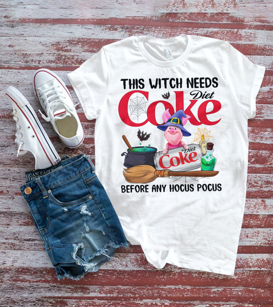 This Witch Needs Diet Coke Before Any Hocus Pocus Piglet Witch Hat Brew Broom_Spiderweb T-Shirt