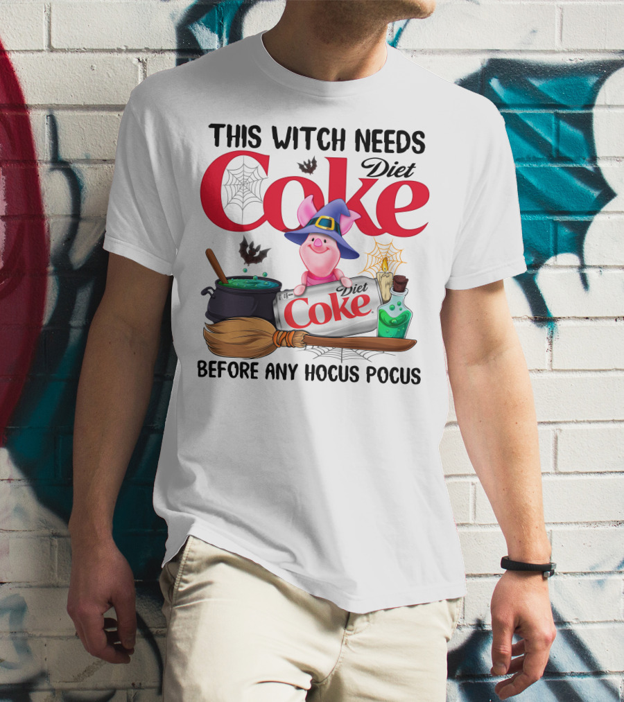 This Witch Needs Diet Coke Before Any Hocus Pocus Piglet Witch Hat Brew Broom_Spiderweb T-Shirt